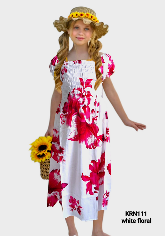 KRN111 -  Kids/ Girls Hawaiian Dress /White