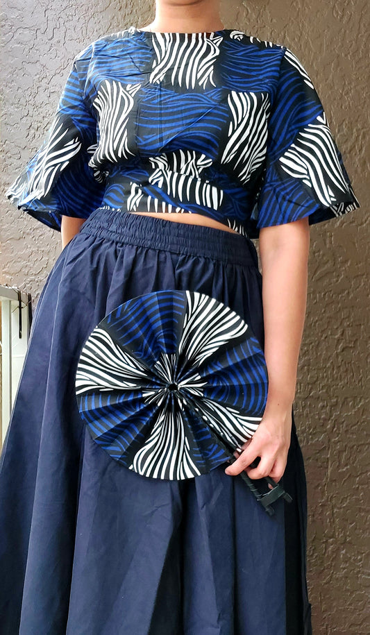 Crop Top/Fan/Skirt / African Print/ Blue