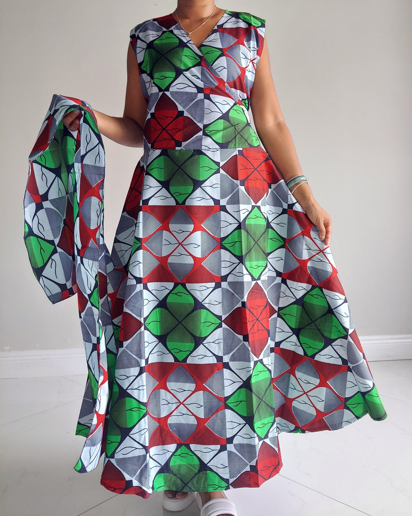 1045- Women Long Printed  Sleeveless Wrap Dress