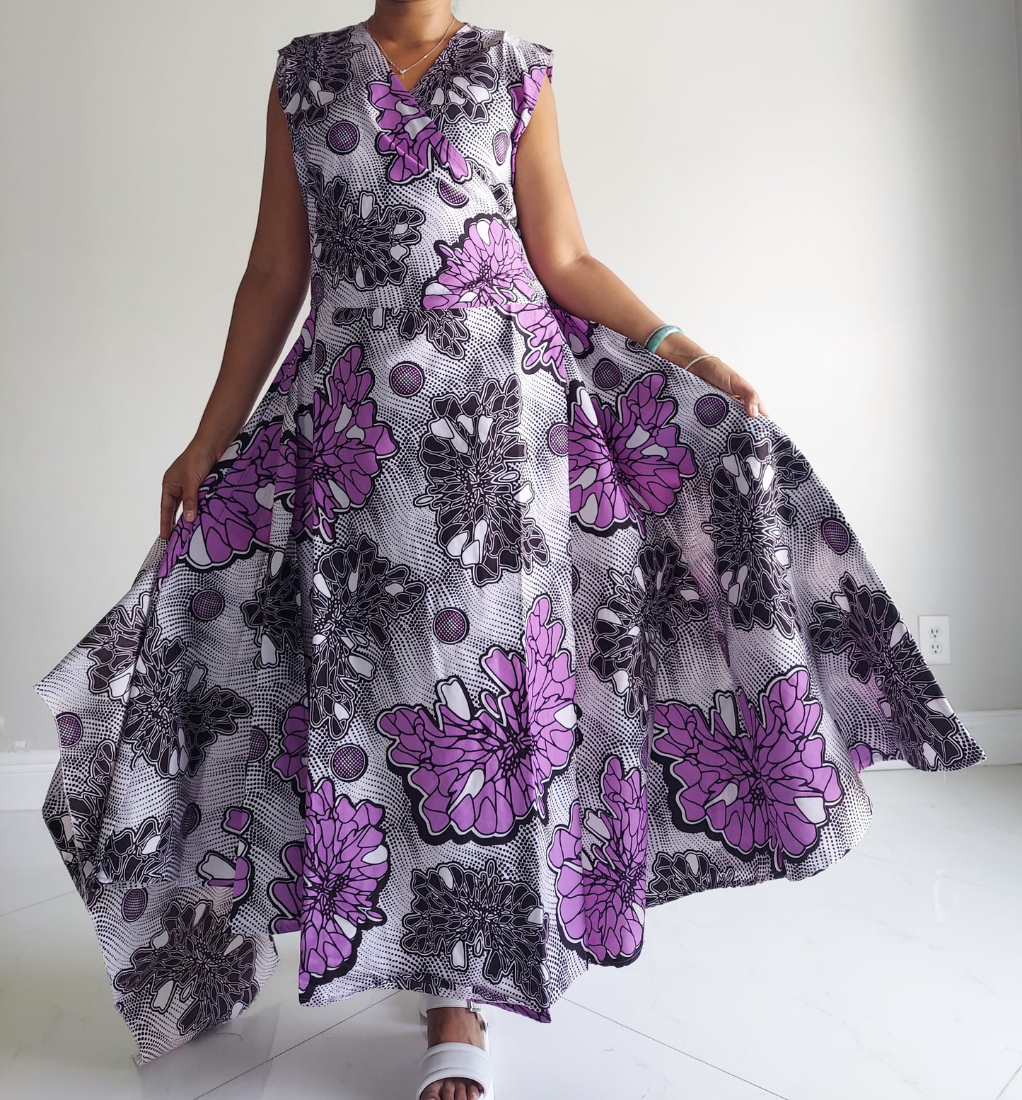 1045- Women Long Printed  Sleeveless Wrap Dress