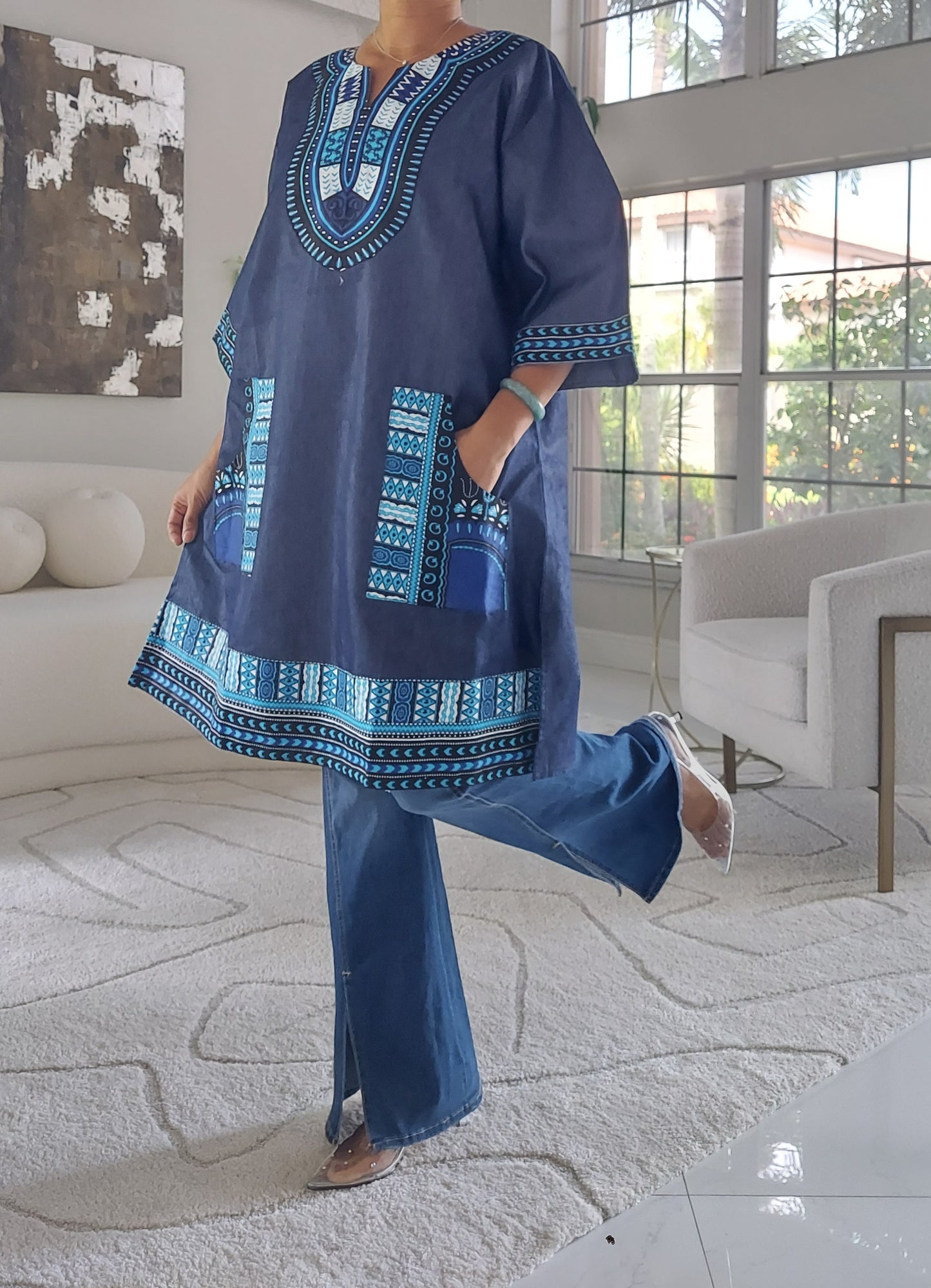 African Mid Length Denim/Dashiki Top/ Dress- Blue/Blue