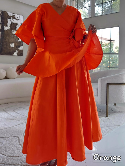 Wrap Blouse & Long Skirt- Solid Orange