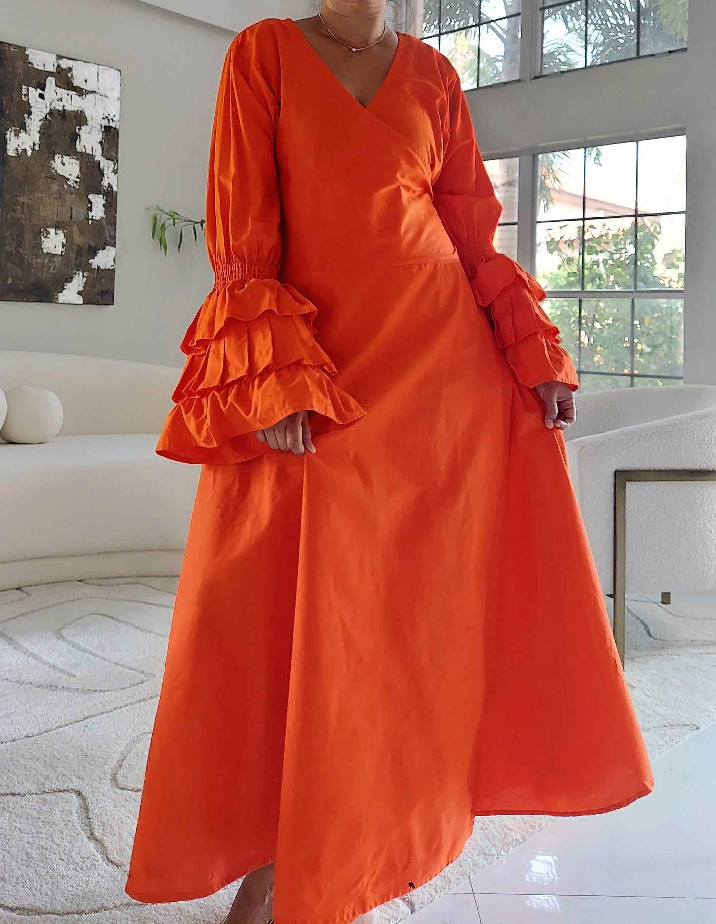 Cotton Wrap Dress With Long Ruffle Sleeves/ Orange