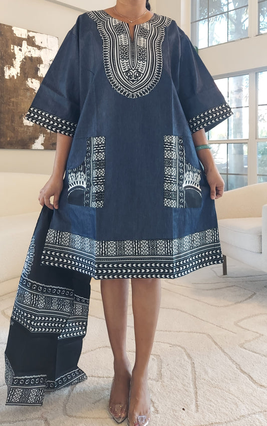 African Mid Length Denim/Dashiki Top/ Dress- Black/Blue