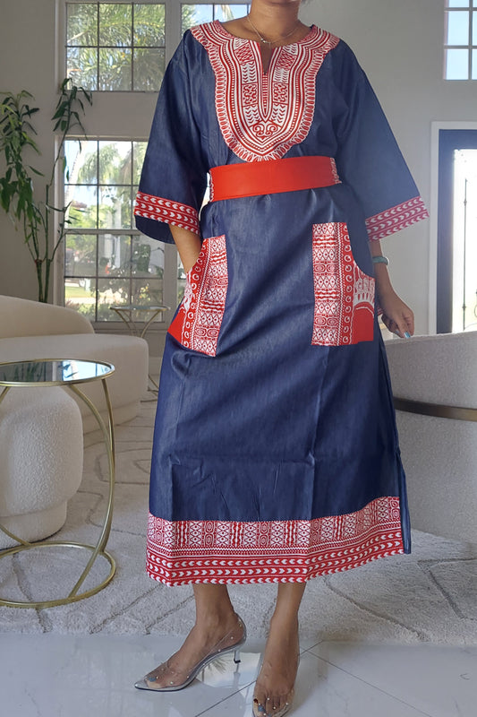 African Long Denim/Dashiki kaftan Dress- Red