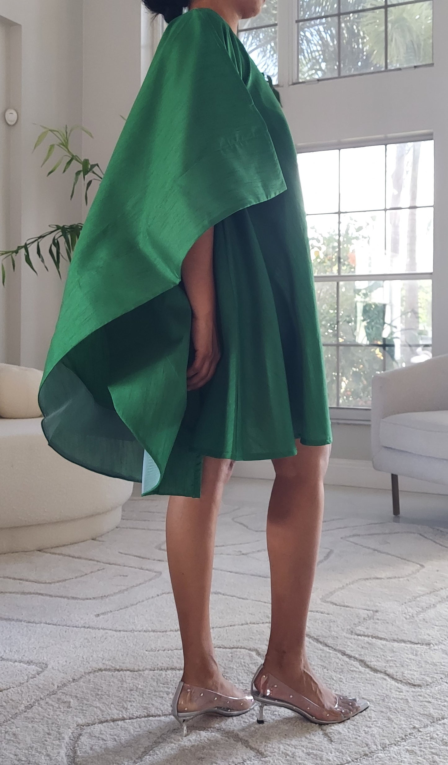 Faux Silk Wing Dress/Poncho Dress/ Wing Sleeves-Green