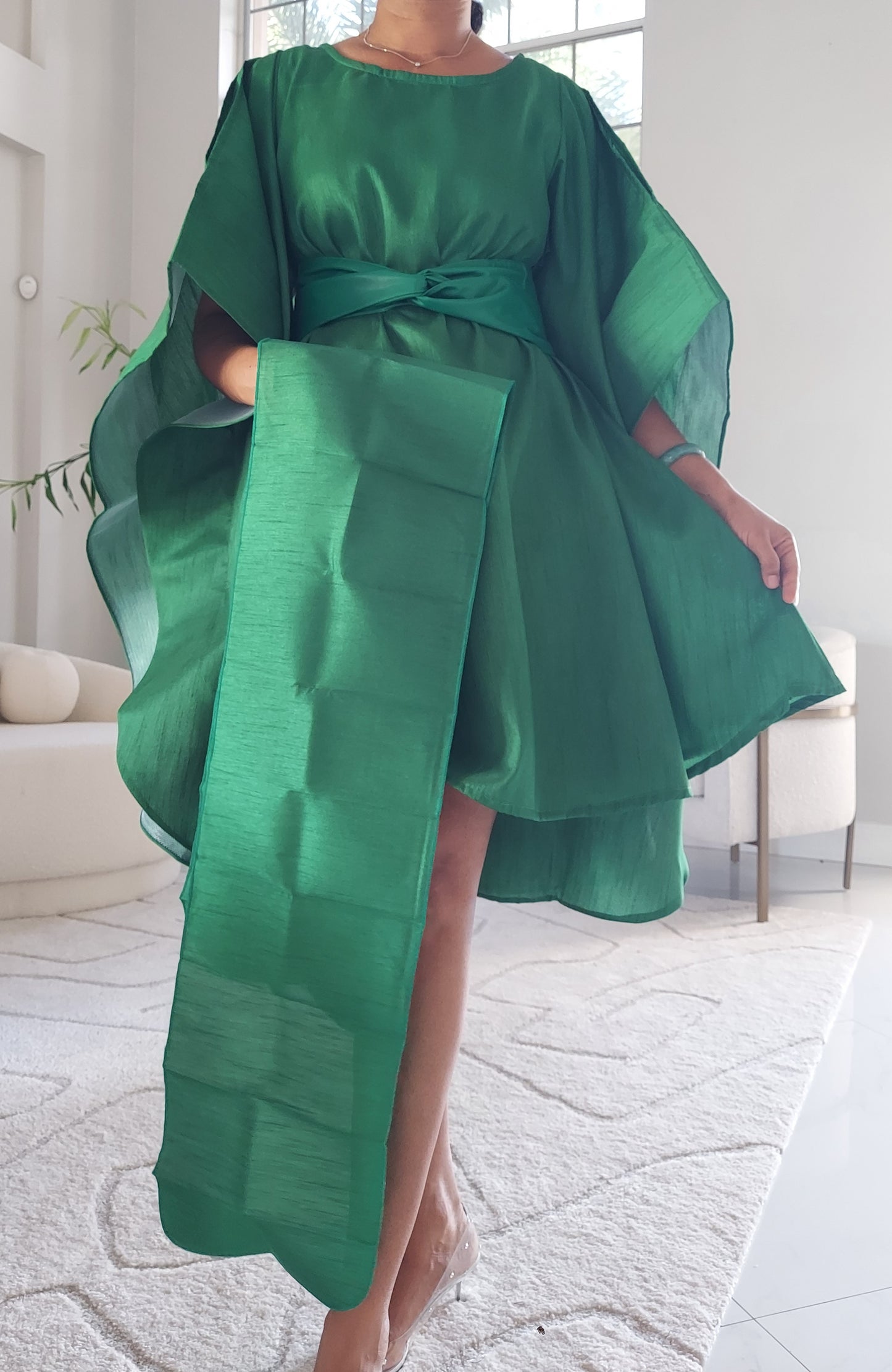Faux Silk Wing Dress/Poncho Dress/ Wing Sleeves-Green