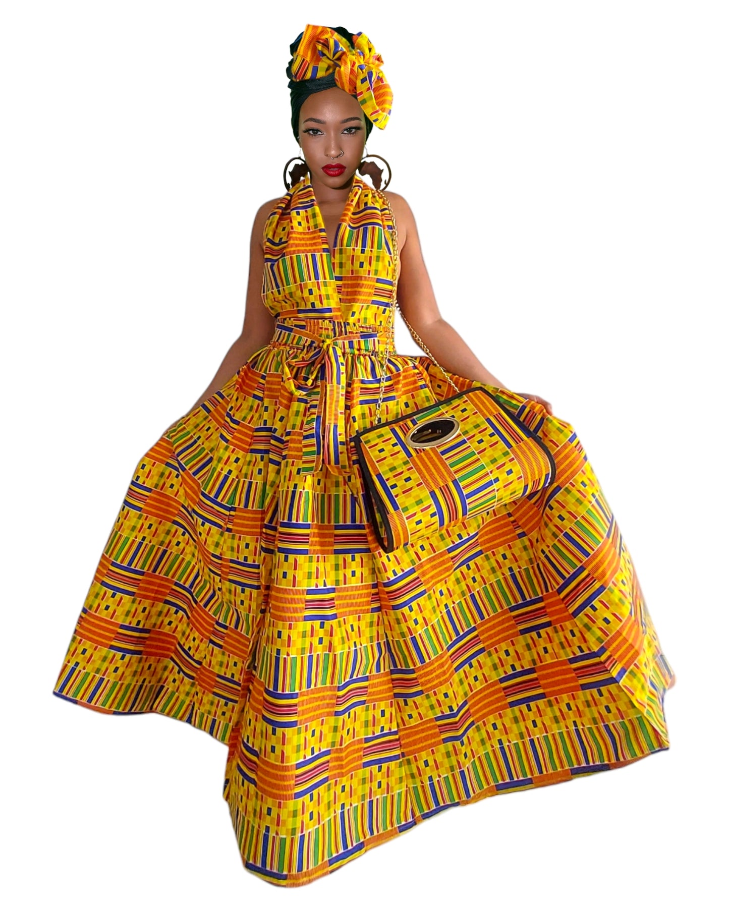 Wrap Dress /  Maxi Skirt / Pocketbook Combo Set- Yellow Kente