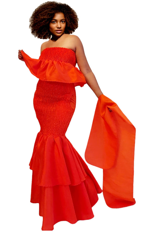 Faux Silk Smock Mermaid Dress - Orange