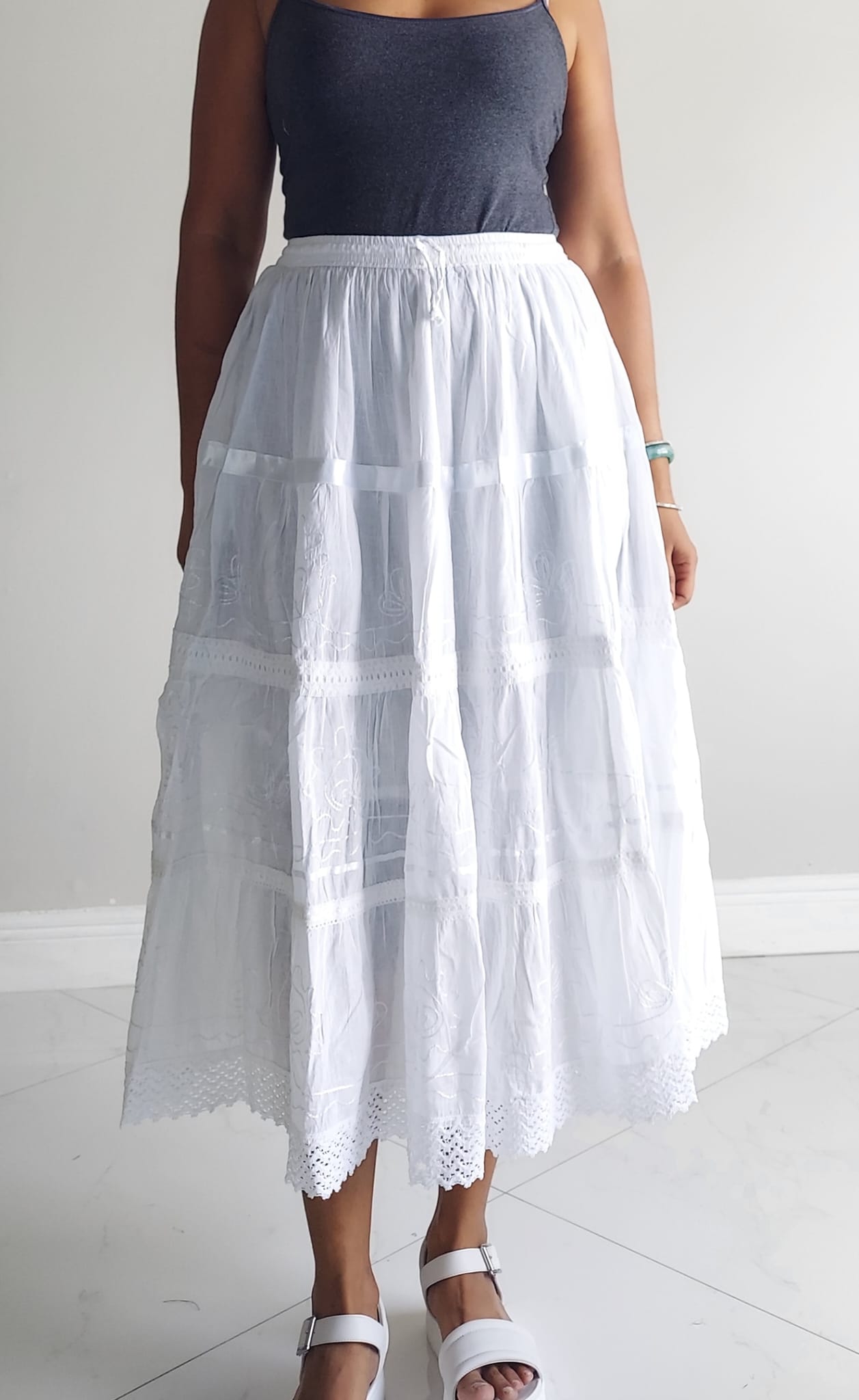 White Cotton Skirt Embroidery Skirt / Midi