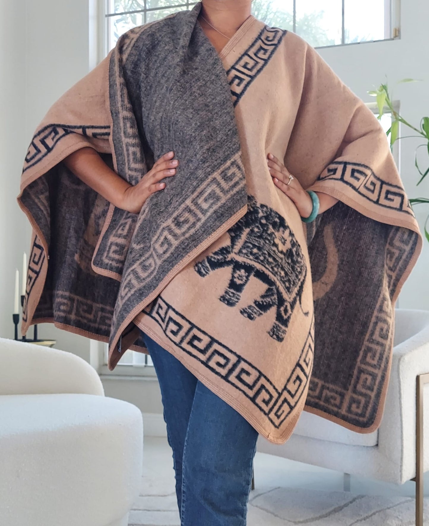 Blanket Shawl/ Poncho Reversible Two Tone Throw- Elephant Print