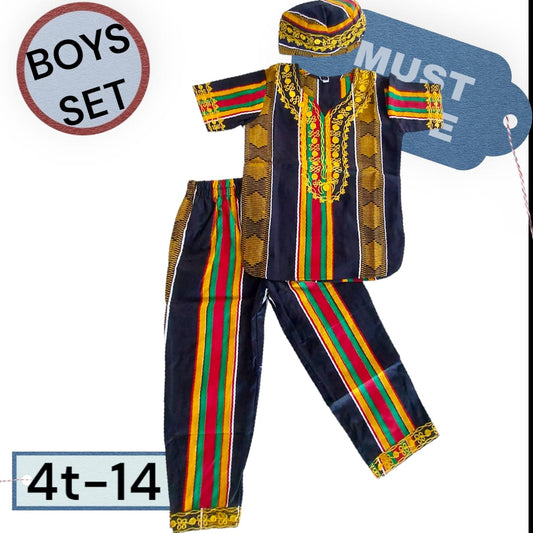 Boys 3 Pcs Kente  Set/ Pant/Tunic/Kufi Hat