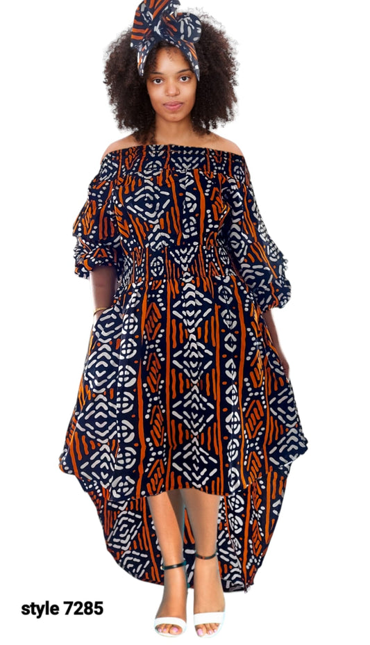 7285 High/ Low Dress Orange Tribal