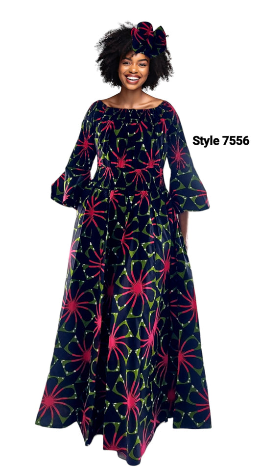7556 - Smocked Waist Long Dress