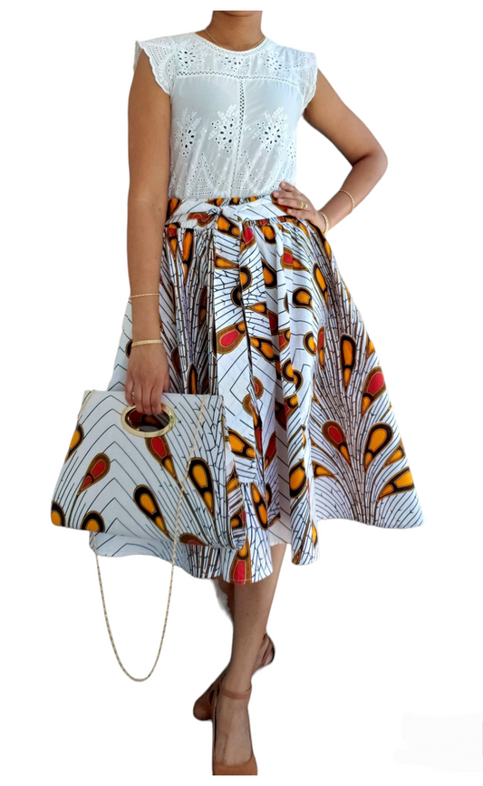 521- Women Mid Length Skirt- White Peacock