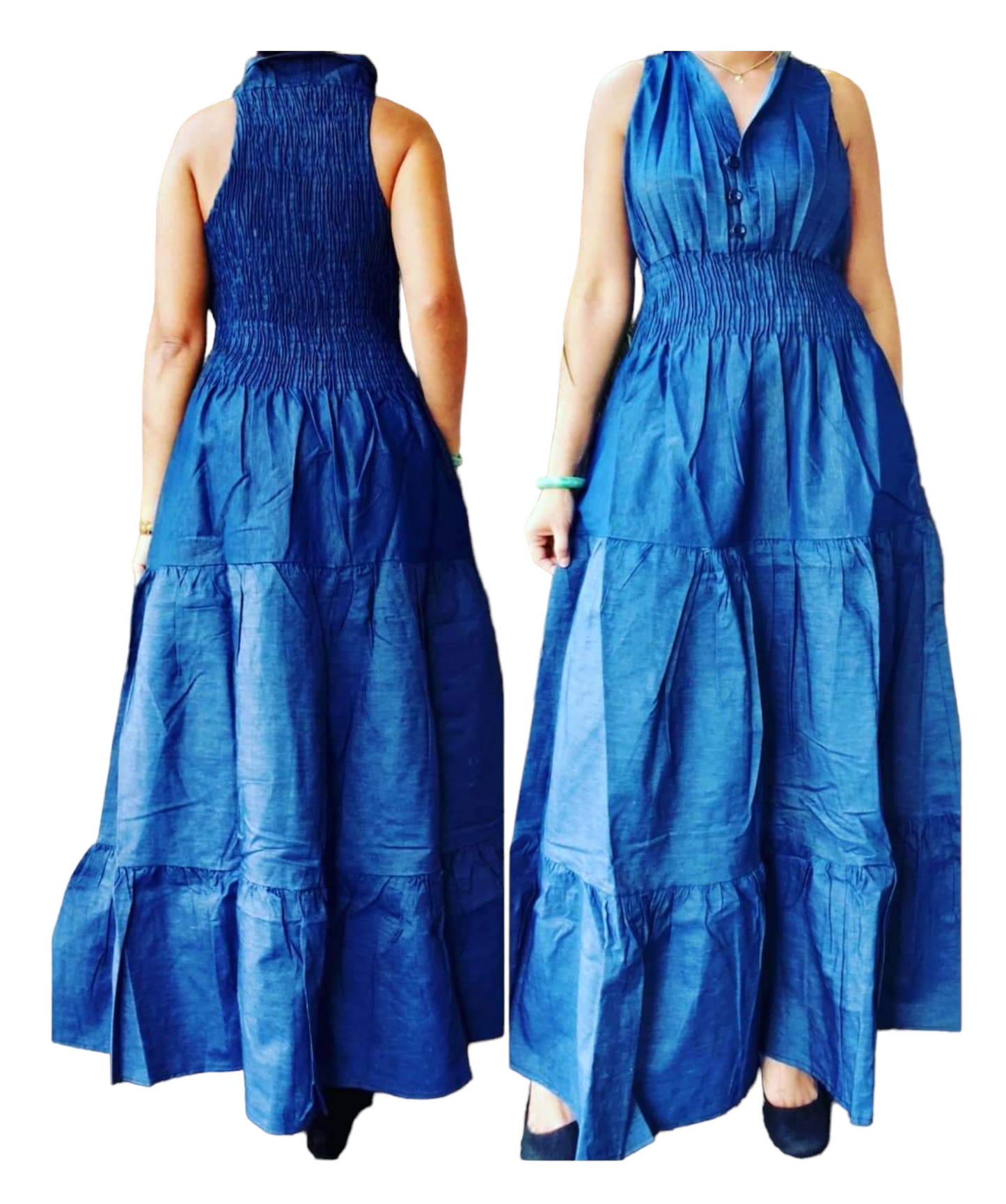 3028L Women Long Smocked Dress - Blue Denim