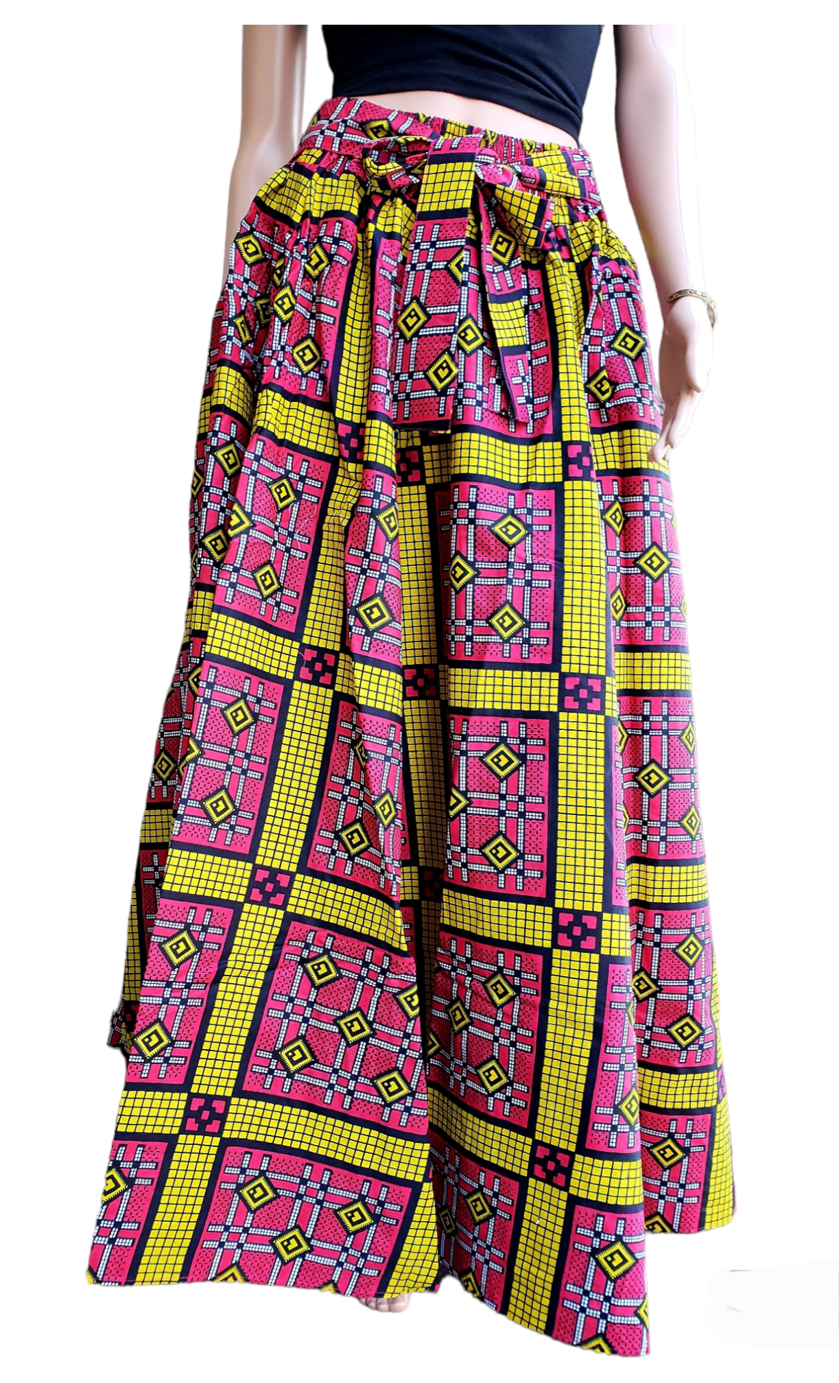 7001 Women Long Flared Maxi Skirt- Fuchsia/Yellow