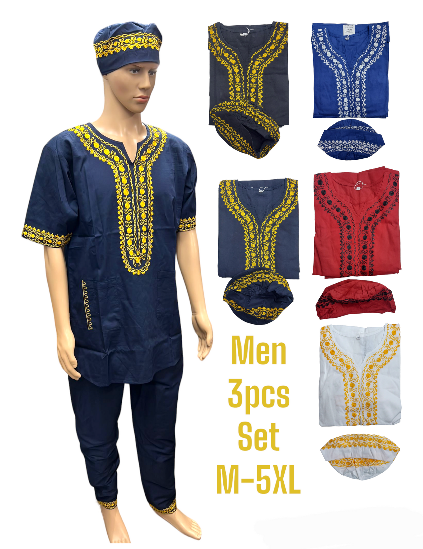 Men's 3Pcs  Embroidery Set- Royal Blue