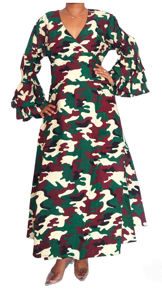 70-Woman's Long Printed Wrap Dress - Green Camouflage