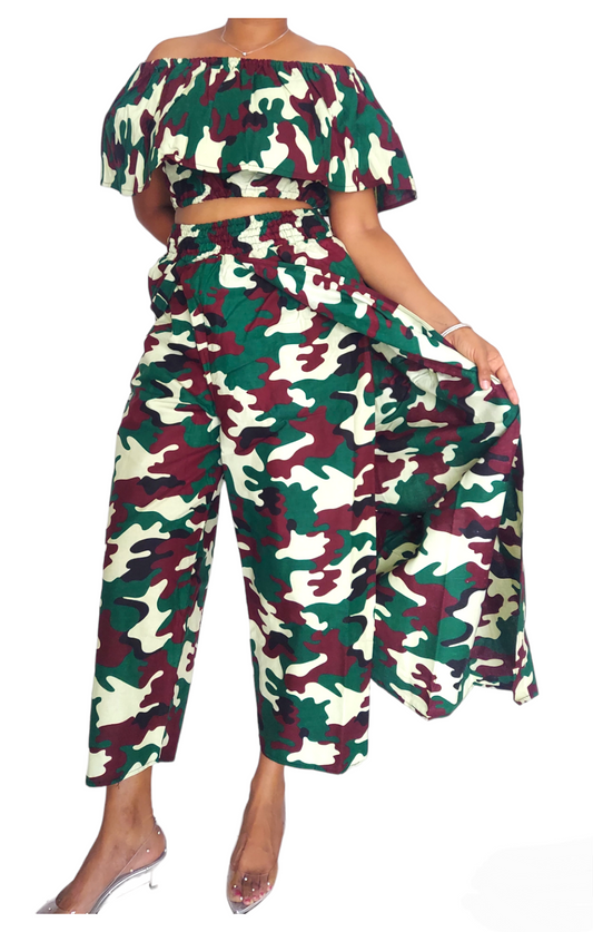 3012 Women Cape Pant & Blouse Set- Green Camouflage