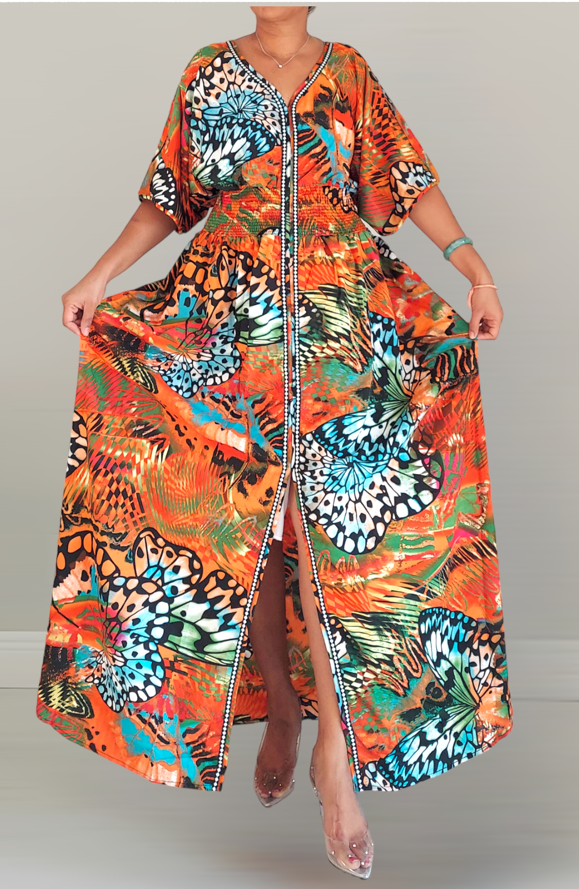 Woman  Dress/ Front Slit - Butterfly Print