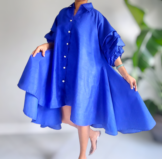 Swing Dress/Faux Silk/ Ruffle Sleeve - Royal Blue