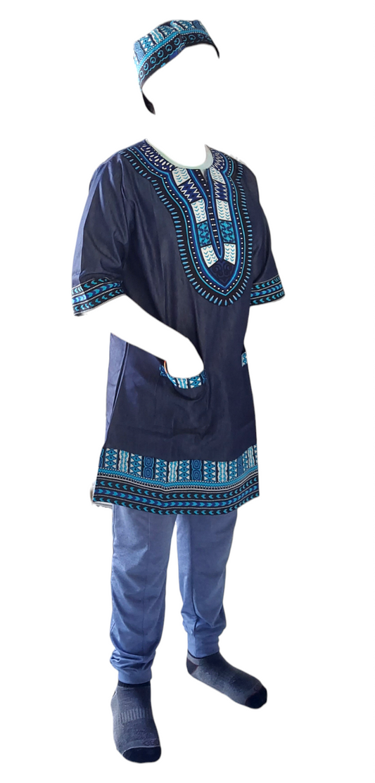 Tunic Shirt / Men/ Unisex/Denim Dashiki With Kufi Hat- Blue