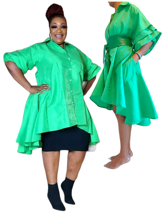 Swing Dress/ Faux Silk/ Ruffle Sleeve - Green