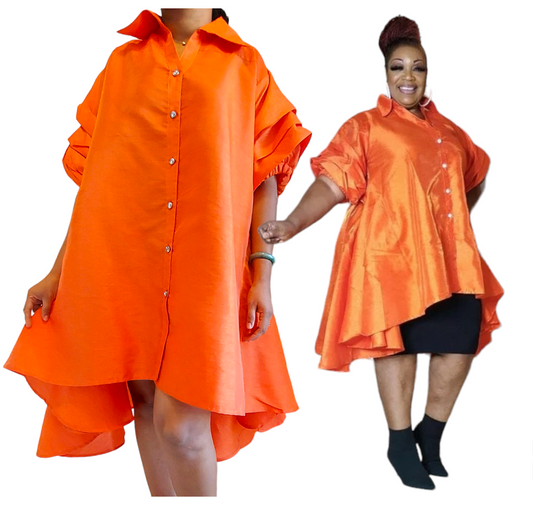 Swing Dress/ Faux Silk/ Ruffle Sleeve - Orange