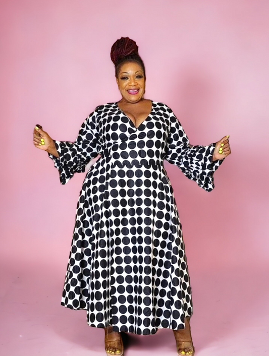 70-Woman's Long African Print Wrap Dress- Black/ White Polkadot