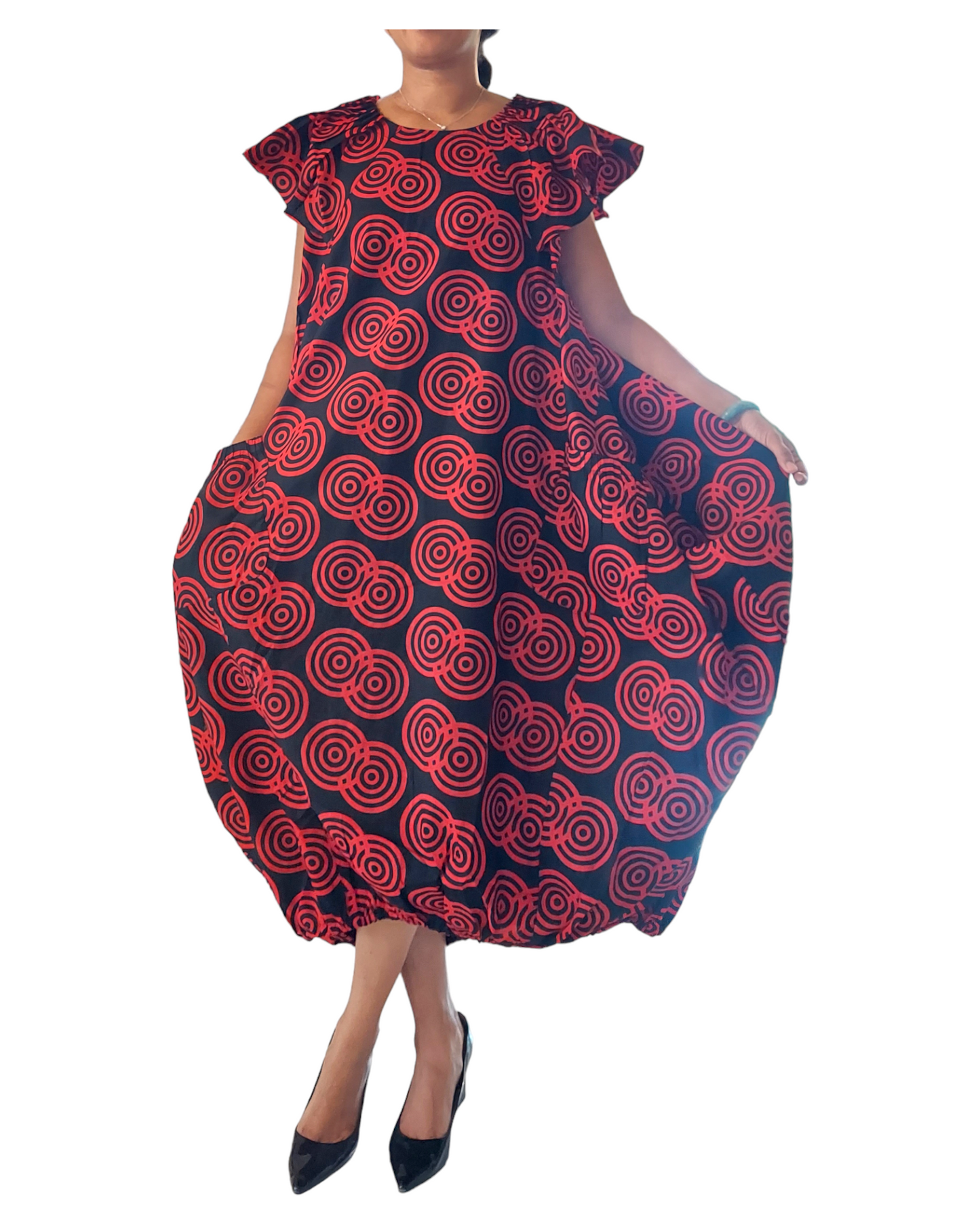 7745- Printed Ballon Dress- Red