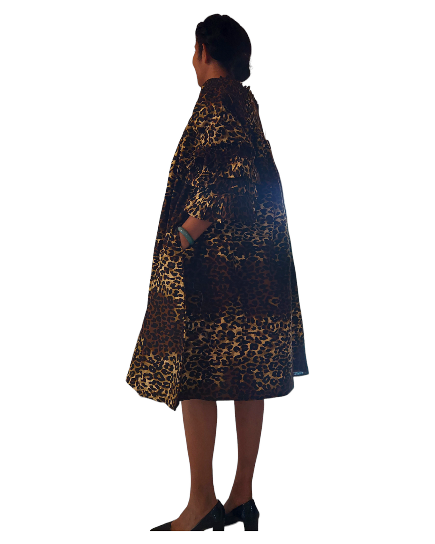 018- Women Middi Off Shoulder Dress - Brown Animal Print