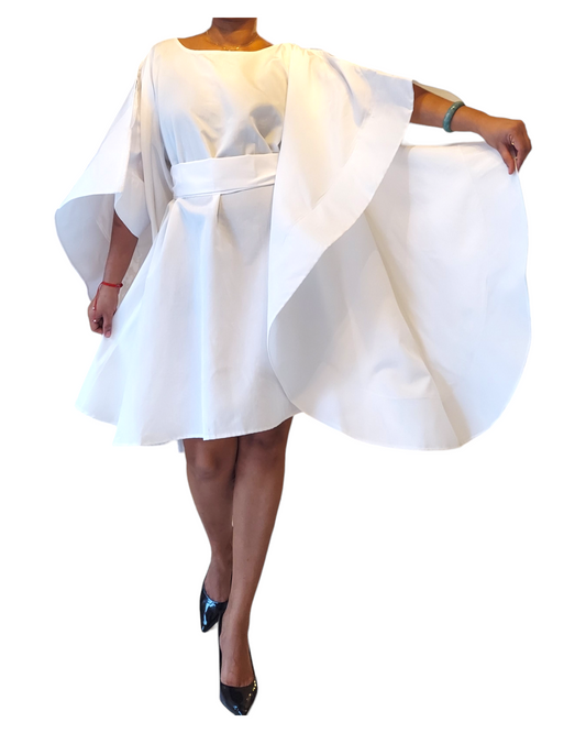 Faux Silk Wing Dress/Poncho Dress/ Wing Sleeves-White