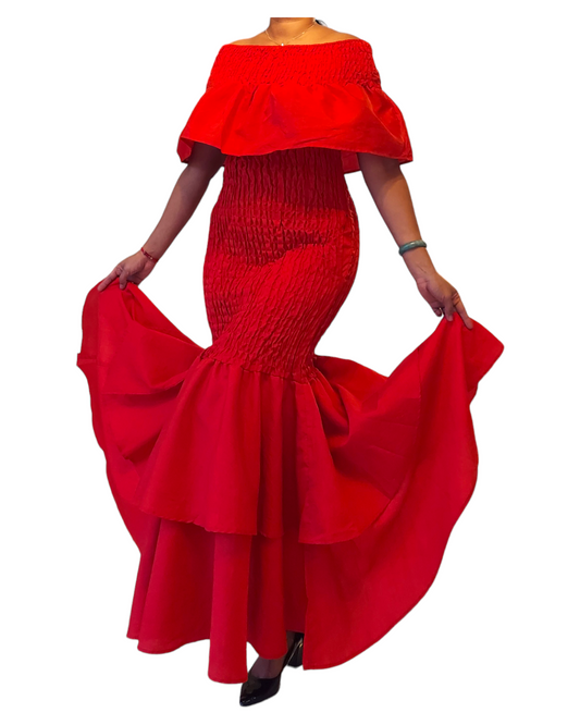 Faux Silk Smock Mermaid Dress - Red