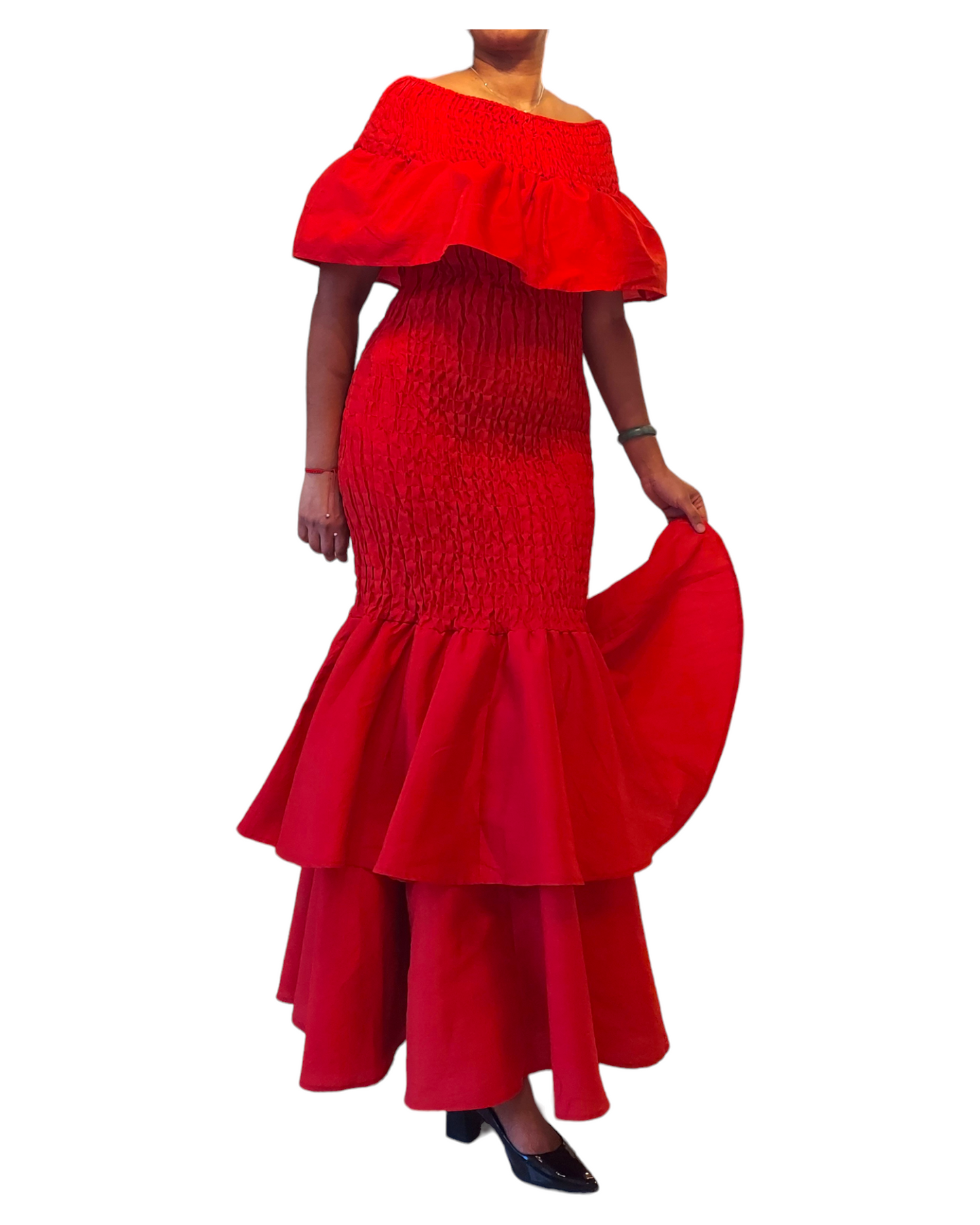Faux Silk Smock Mermaid Dress - Red