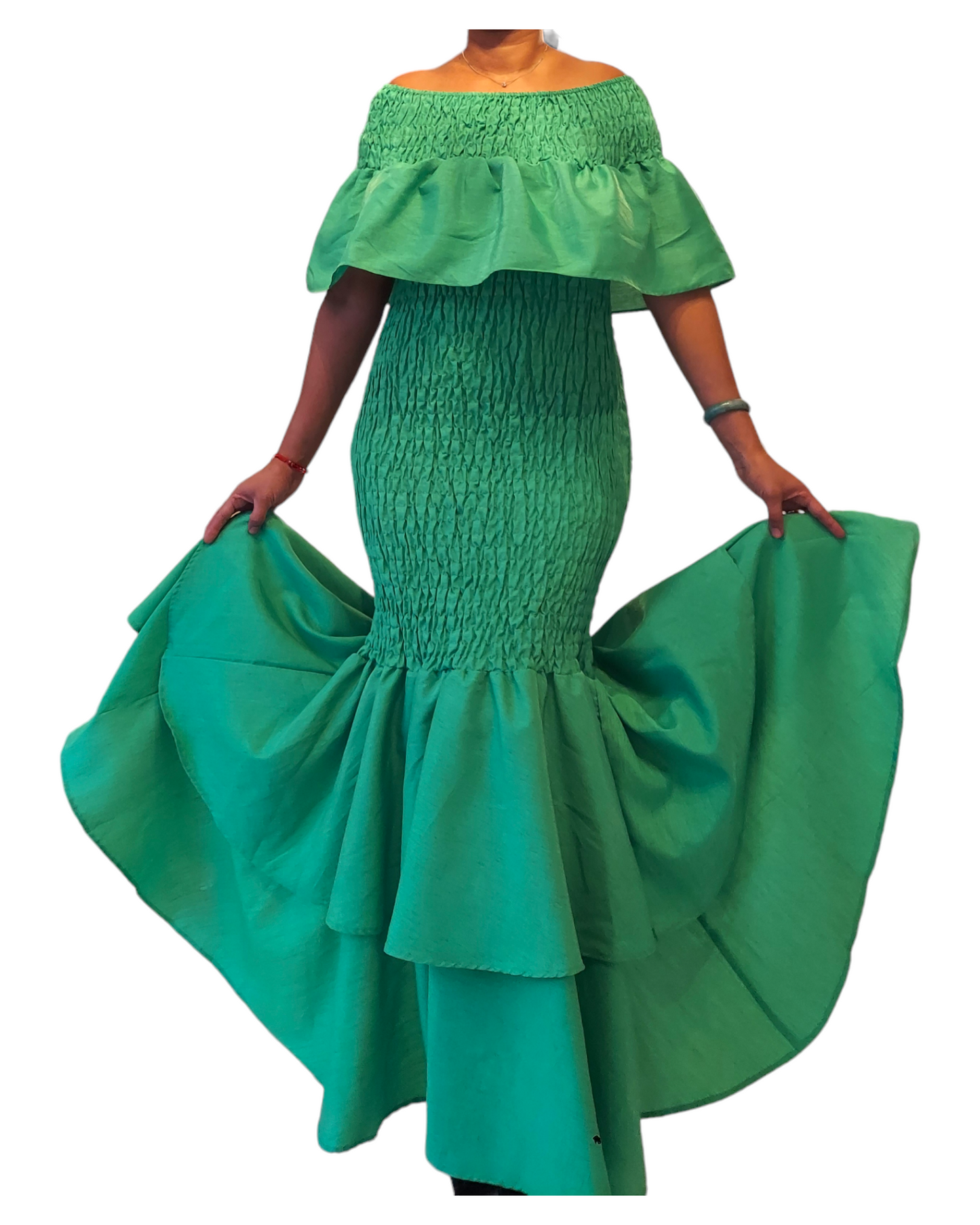 Faux Silk Smock Mermaid Dress - Green
