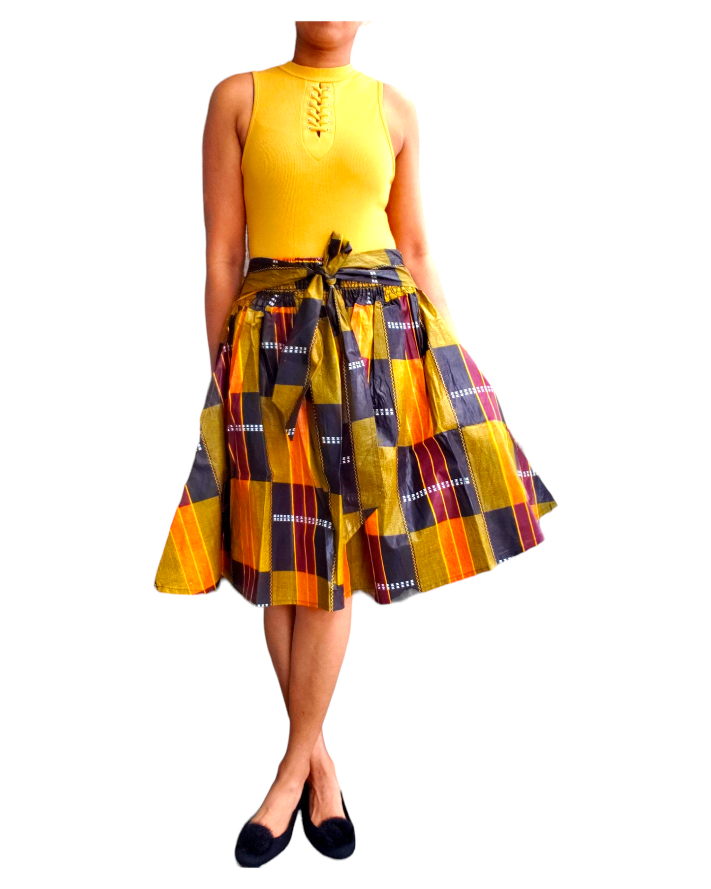 240-C Mid Length Kente Skirt- Orange/Black
