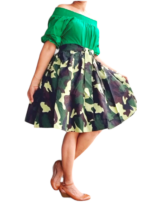 7008 Short Printed Flared Skirt- Green Camouflage