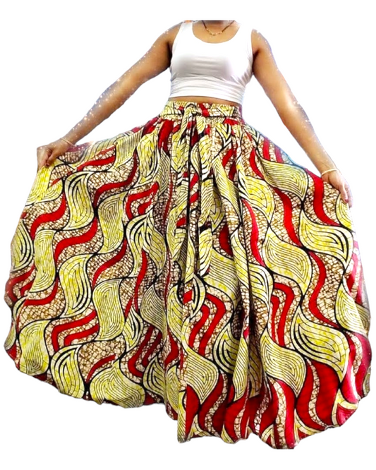 7001 Women Long Printed Skirt- Gold/Red