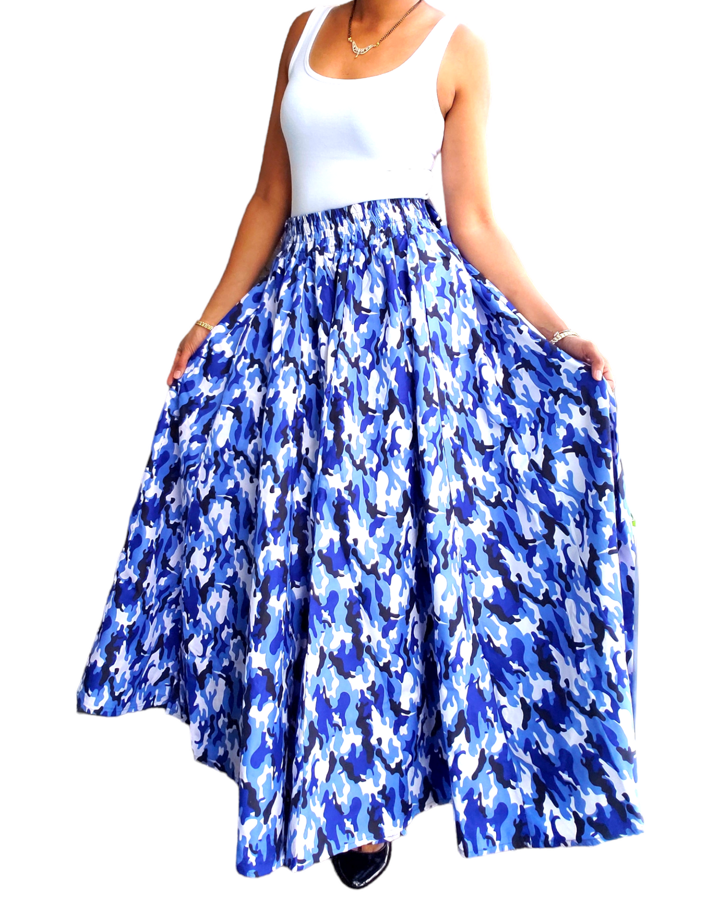 R40- Women Long Maxi Skirt-Blue camouflage