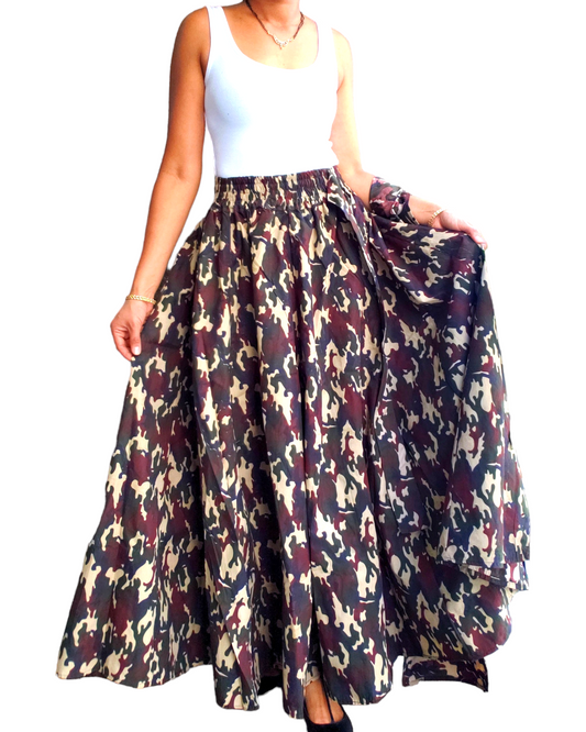 #R40- Women Long Maxi Skirt-Brown camouflage