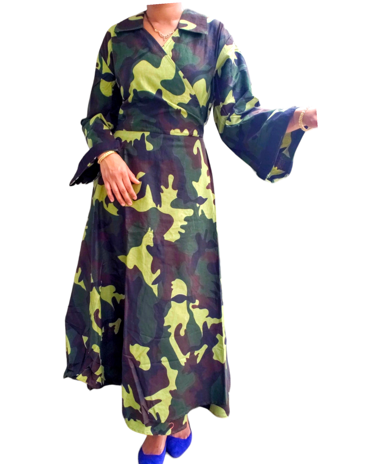 #8007- Women Long Wrap Dress/ Long Sleeves- Green Camouflage