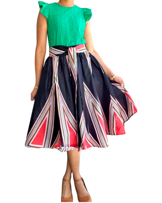 7012- Women Mid  Length Flared Skirt-Black / Red