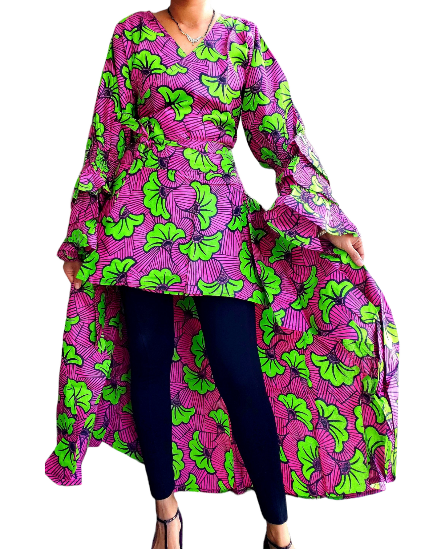 #3066 Women High/Low Wrap Dress- Pink/Green