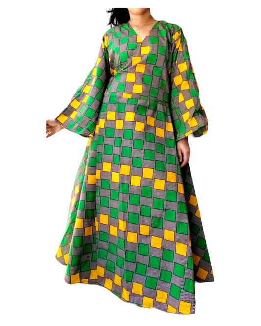 1014 - Long Wrap Dress / Long Bell Sleeves/ African Print