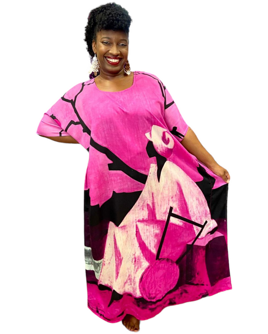 1367- Women Tribal Hand Painted Kaftan Dress- Pink