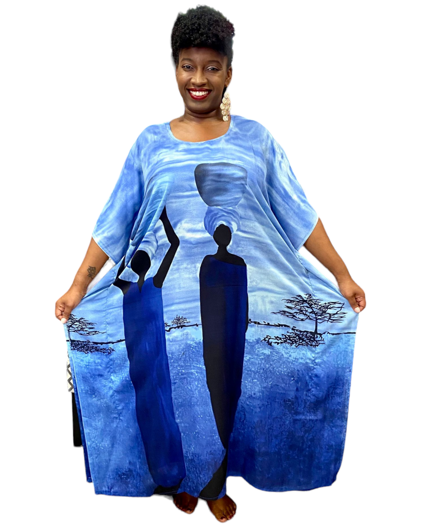 1358- Women Tribal Hand Painted Kaftan Dress- Blue