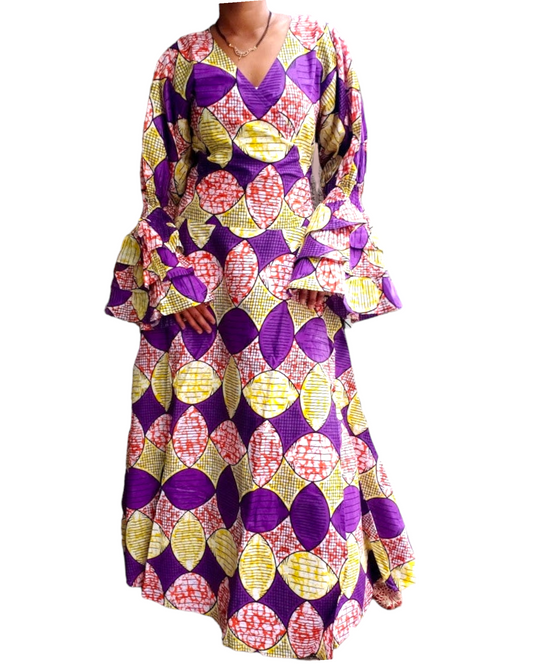 70-Woman's Long Wrap Dress- Purple/Yellow