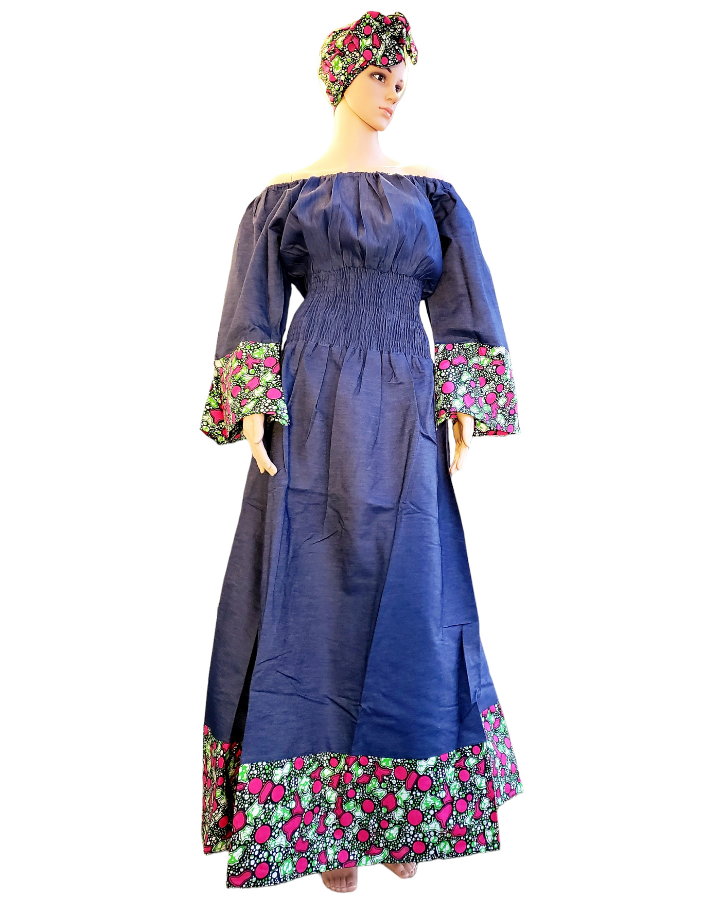 3034- Women Long Denim Dress - Blue/Pink/Green