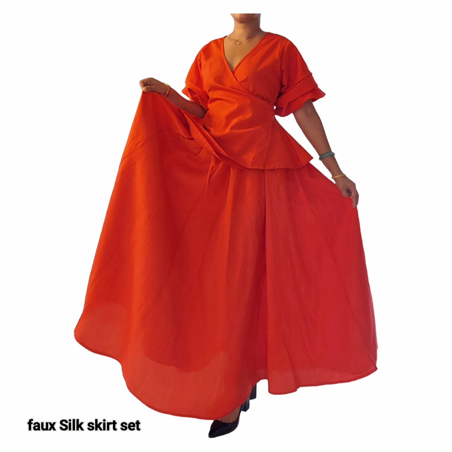 Faux Silk Long Skirt & Wrap Blouse Set - Red